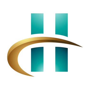 Pers Yeşil ve Altın Parlak Harfli Dikdörtgenli H Simgesi ve Beyaz Arkaplanda bir Swoosh