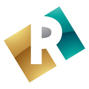 Beyaz Arkaplanda İran Yeşil ve Altın Parlak Dikdörtgen şekilli Harf R Simgesi