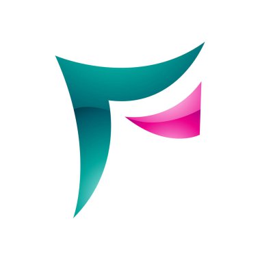 İran Yeşili ve Magenta Dalgalı Parlak Kağıt Şekilli Beyaz Arkaplan Üzerine F Simgesi