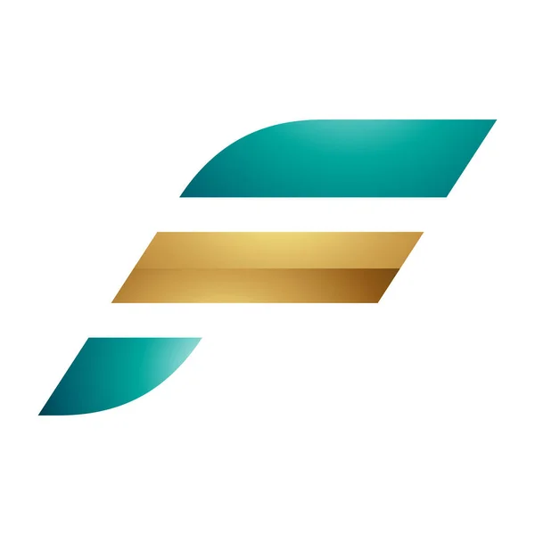 Persian Green Golden Glossy Letter Icon Horizontal Stripes White Background — Stock Vector