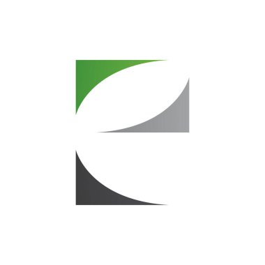 Beyaz Arkaplanda Eğri Üçgenli Yeşil Siyah ve Gri Küçük Harf E Simgesi