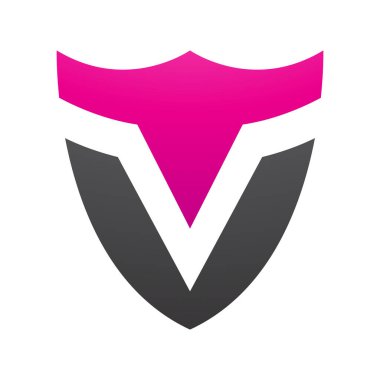 Magenta ve Siyah Kalkan şekilli Beyaz Arkaplanda V Simgesi