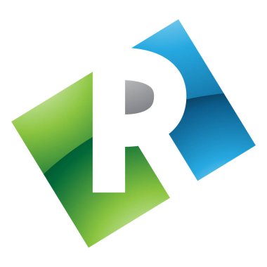 Beyaz Arkaplanda Yeşil ve Mavi Parlak Dikdörtgen Şekilli Harf R Simgesi