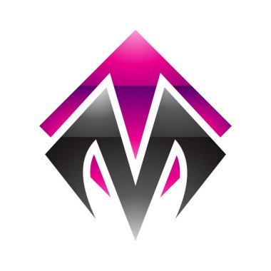 Magenta ve Siyah Parlak Kare Elmas şekilli Beyaz Arkaplanda M harfi Simgesi