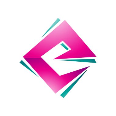 Magenta ve Yeşil Parlak Meydan Elmas Harf E Simgesi Beyaz Arkaplanda