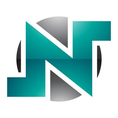 Pers Yeşil ve Siyah Parlak Yuvarlak Kalın Harf N Simgesi Beyaz Arkaplanda