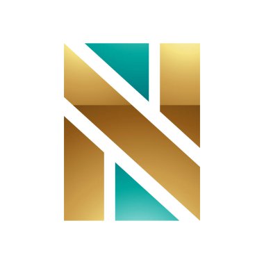 İran Yeşil ve Altın Parlak Dikdörtgen Şekillendirilmiş Beyaz Arkaplanda Harf N Simgesi