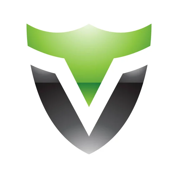 白色背景上的绿色和黑色光泽盾牌形状字母V图标 — 图库照片