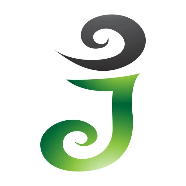 白色背景上的绿色和黑色光彩夺目的涡旋形字母J图标 — 图库照片