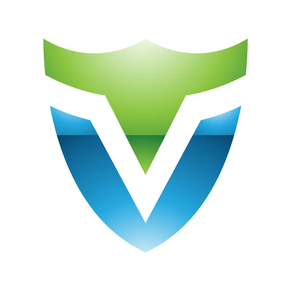 Grünes Und Blaues Glossy Shield Shaped Letter Icon Auf Weißem — Stockfoto
