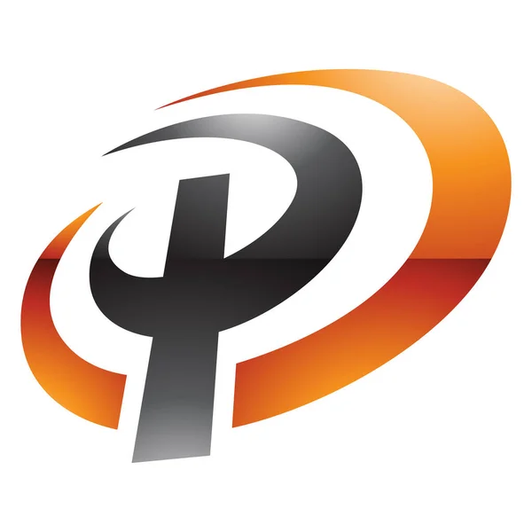 Orange Black Glossy Oval Shaped Letter Icon White Background — Stock Photo, Image