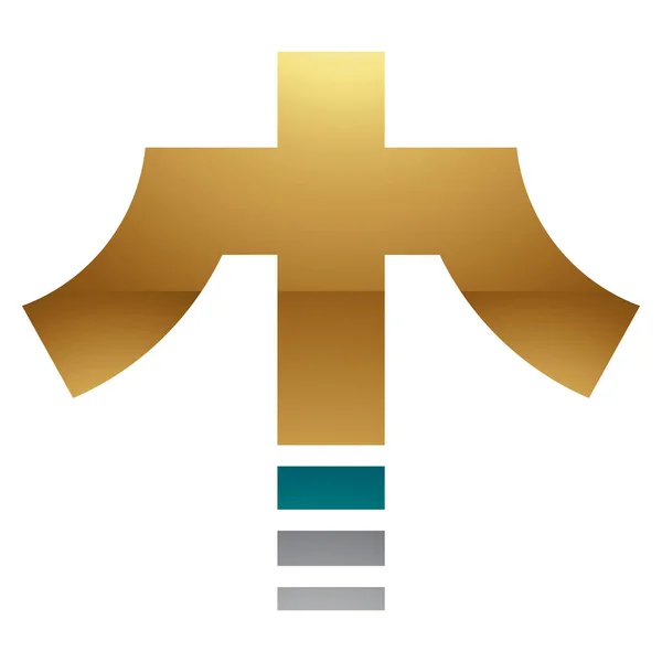 Persiska Grön Och Guld Glossy Cross Formad Bokstav Ikonen Vit — Stockfoto