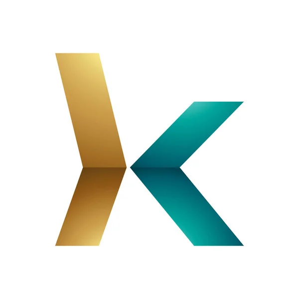白色背景下的波斯绿色和金色光滑的小盒子箭头形字母K图标 — 图库照片