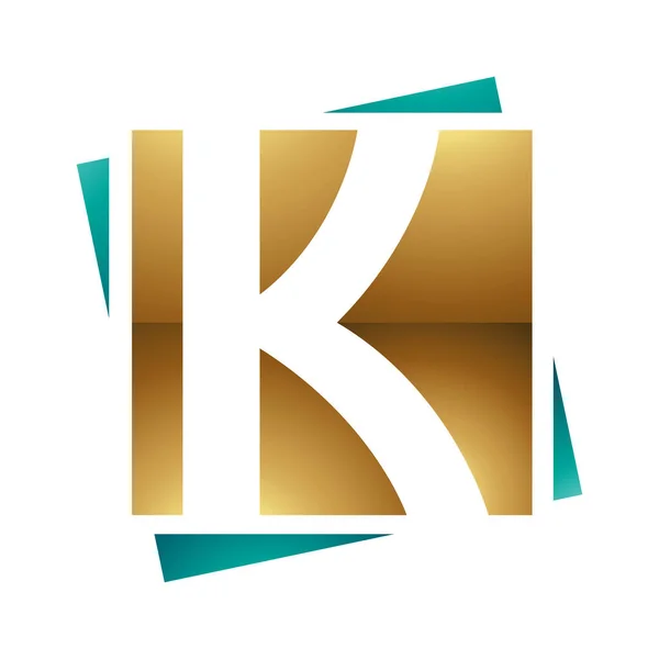 白色背景上的波斯绿色和金色光滑正方形字母K图标 — 图库照片