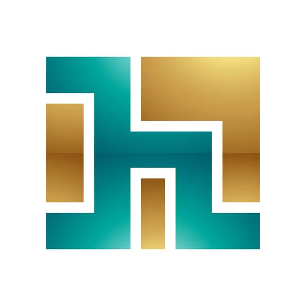 白色背景上的波斯绿色和金色方块形状的光滑字母H图标 — 图库照片