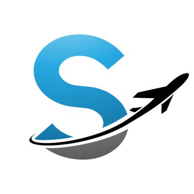 Mavi ve Siyah Büyük Harf S Simgesi Beyaz Arkaplan 'da bir uçakla