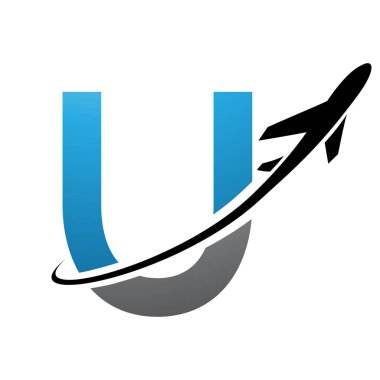 Mavi ve Siyah Büyük Harf U Simgesi Beyaz Arkaplan 'da bir uçakla