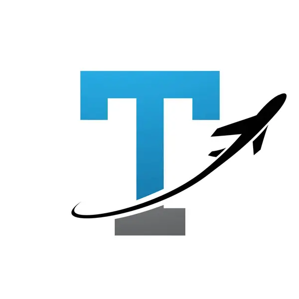 蓝色和黑色古董字母T Icon与白色背景的飞机 — 图库矢量图片