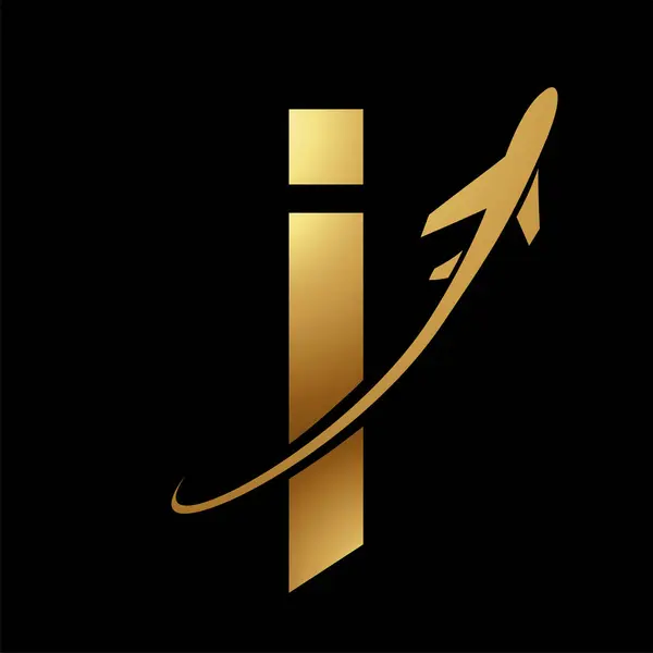 Goldglänzendes Kleinbuchstaben Symbol Mit Flugzeug Auf Schwarzem Hintergrund — Stockvektor