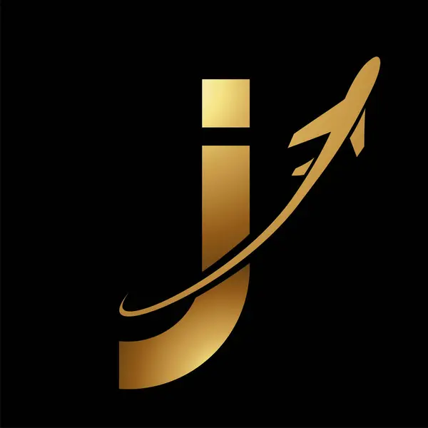 Goldglänzendes Kleinbuchstaben Symbol Mit Flugzeug Auf Schwarzem Hintergrund — Stockvektor