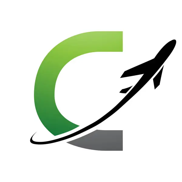 Green and Black Uppercase Letter C Icon with an Airplane on a White Background