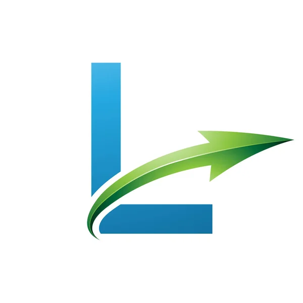 Blue and Green Uppercase Letter L Icon with a Glossy Arrow on a White Background