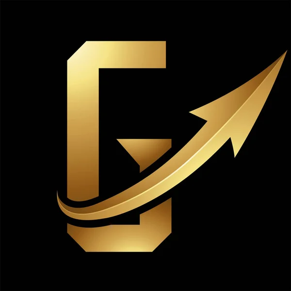 Gold Futuristic Letter Icon Glossy Arrow Black Background — Stock Vector