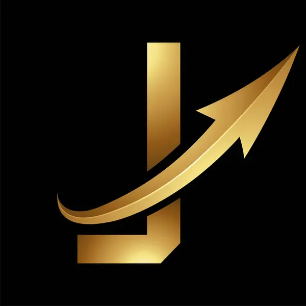 ブラックバックグラウンドの光沢のある矢を持つゴールドフューチャーティスティックレターJアイコン — ストックベクタ