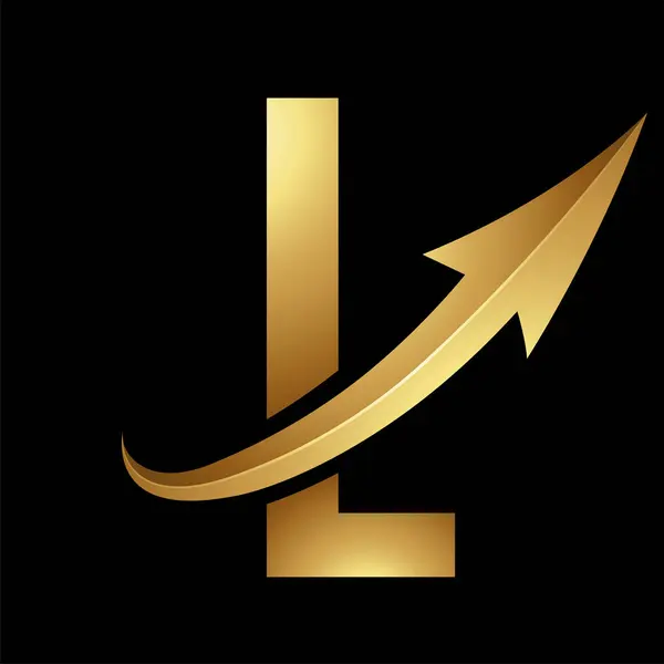 Gold Futuristic Letter Icon Glossy Arrow Black Background — Stock Vector