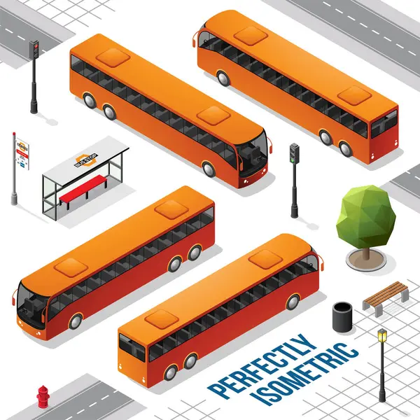 Autobús Isométrico Largo Naranja Desde Frente Atrás Derecha Izquierda Aislado — Archivo Imágenes Vectoriales