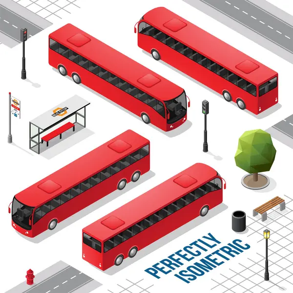 Röd Lång Isometrisk Buss Från Främre Delen Ryggen Höger Och — Stock vektor