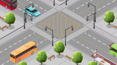Araçlar, kamyonlar, otobüsler ve trafik ışıklarıyla dolu işlek caddelerde hareketli trafiğin havadan Isometric Manzarası