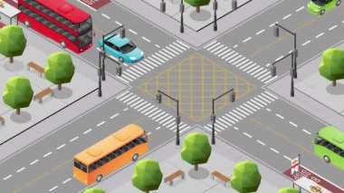 Araçlar, otobüsler, kamyonlar ve Eylemdeki Trafik Işıkları ile Dolu Caddelerde Hareketli Trafiğin Havadan Isometric Görünümü