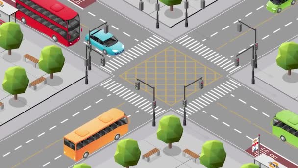 Aerial Isometrisk Över Rörlig Trafik Trafikerade Gator Med Bilar Bussar — Stockvideo