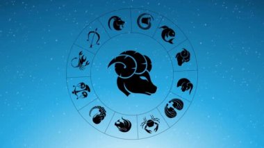 Siyah Koç burcu etrafında dönen Zodiac Yıldız İşaretlerinin Animasyonu Mavi Yıldızlı Gökyüzü Üzerine İmza