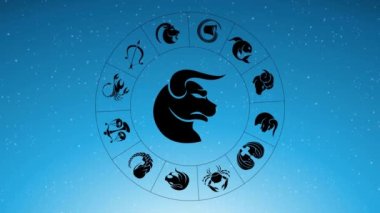 Siyah Taurus Zodiac 'ın etrafında dönen Zodiac Yıldız İşaretlerinin Animasyonu Mavi Yıldızlı Gökyüzünün Üzerinde İşaret