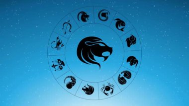 Siyah Leo Zodiac 'ın etrafında dönen Zodiac Yıldız İşaretlerinin Animasyonu Mavi Yıldızlı Gökyüzü Üzerine İşaret