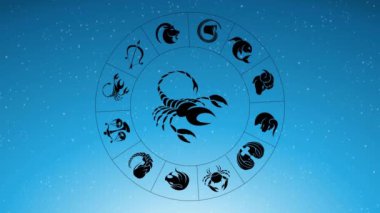 Kara Akrep burcunun etrafında dönen Zodiac Yıldız İşaretlerinin Animasyonu Mavi Yıldızlı Gökyüzü Üzerine İmza
