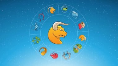 Çizgi film Taurus Zodiac 'ın Mavi Yıldızlı Gökyüzü Üzerinde İşaret Çevresinde Dönen Zodiac Yıldızlarının Animasyonu
