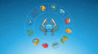 Çizgi film Kanser Zodiac 'ın etrafında dönen Zodiac Yıldız Tabelalarının Animasyonu Mavi Yıldızlı Gökyüzü Üzerine İşaret