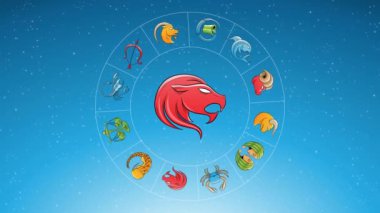 Çizgi film Leo Zodiac 'ın Mavi Yıldızlı Gökyüzü üzerindeki imzasının etrafında dönen Zodyak Yıldızlarının Animasyonu