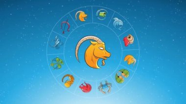 Çizgi Film Oğlu Zodiac 'ın Mavi Yıldızlı Gökyüzü Üzerinde İşaret Çevresinde Dönen Zodiac Yıldız Tabelalarının Animasyonu