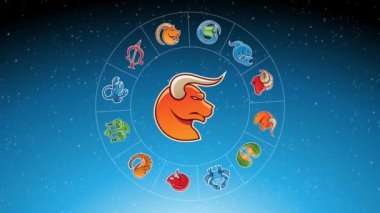 Mavi Yıldızlı Gökyüzünün Üzerinde Renkli Boğa Zodiac İşareti etrafında dönen Zodiac Yıldız İşaretlerinin Animasyon Videosu