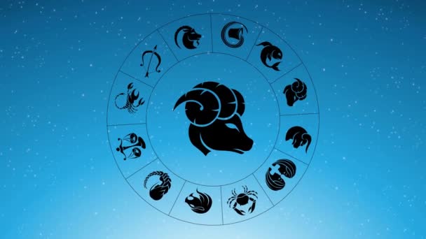 Animação Signos Estrela Zodíaco Girando Torno Signo Zodíaco Black Aries — Vídeo de Stock