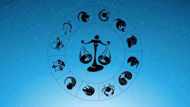 Siyah Terazi Burcunun Etrafında Dönen Zodiac Yıldız Şaretlerinin Animasyonu Mavi — Stok video