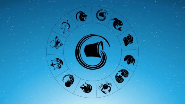 Siyah Kova Burcunda Dönen Zodiac Yıldız Şaretlerinin Animasyonu Mavi Yıldızlı — Stok video