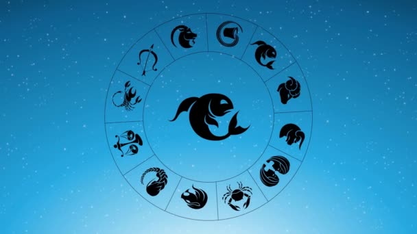 黄道带星座在蓝星天空下在黑色双鱼座上旋转的动画 — 图库视频影像