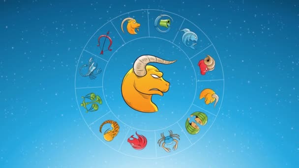 Animation Zodiac Star Signs Rotating Cartoon Taurus Zodiac Sign Blue — Stock Video