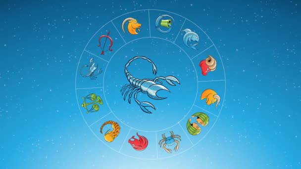 Animation Zodiac Star Signs Rotating Cartoon Scorpio Zodiac Sign Blue — Stock Video