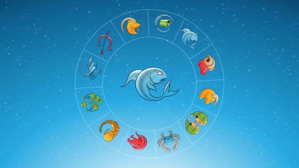 Animace Znamení Hvězdy Zvěrokruhu Rotující Kolem Karikatury Ryby Znamení Zvěrokruhu — Stock video